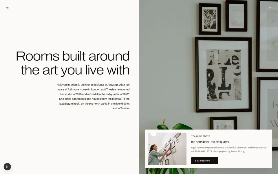 Halcyon Interiors homepage: a split hero with a serif headline on bone beside a green room with framed botanical prints, and a hanging card for the newest project.