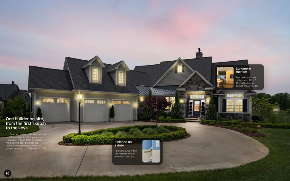Noble Ridge Homes homepage: a single completed brick house photographed full bleed under a clear sky, with the phone number set as the one solid button in the navigation.